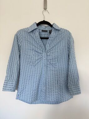 Y2K New York & Company Light Blue Striped Button-Down Blouse